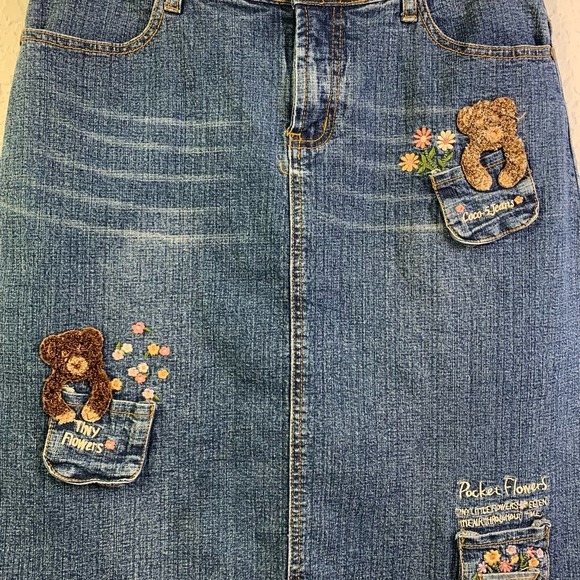 COCO-5 Vintage Embroidered Novelty‎ Teddy Bear Flowers Western Denim Midi Skirt - Picture 5 of 14
